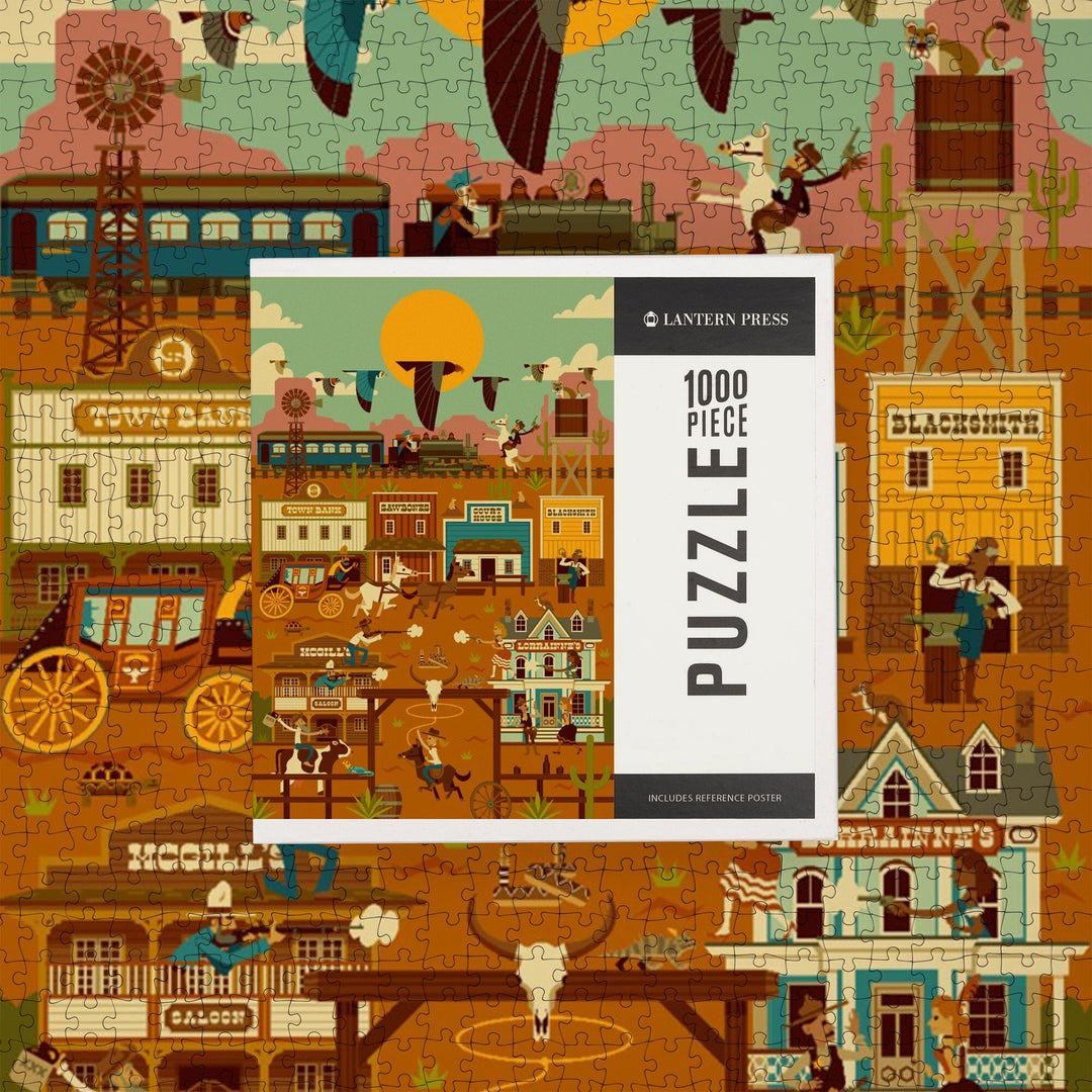 Western Town, Geometric, Jigsaw Puzzle Puzzle Lantern Press