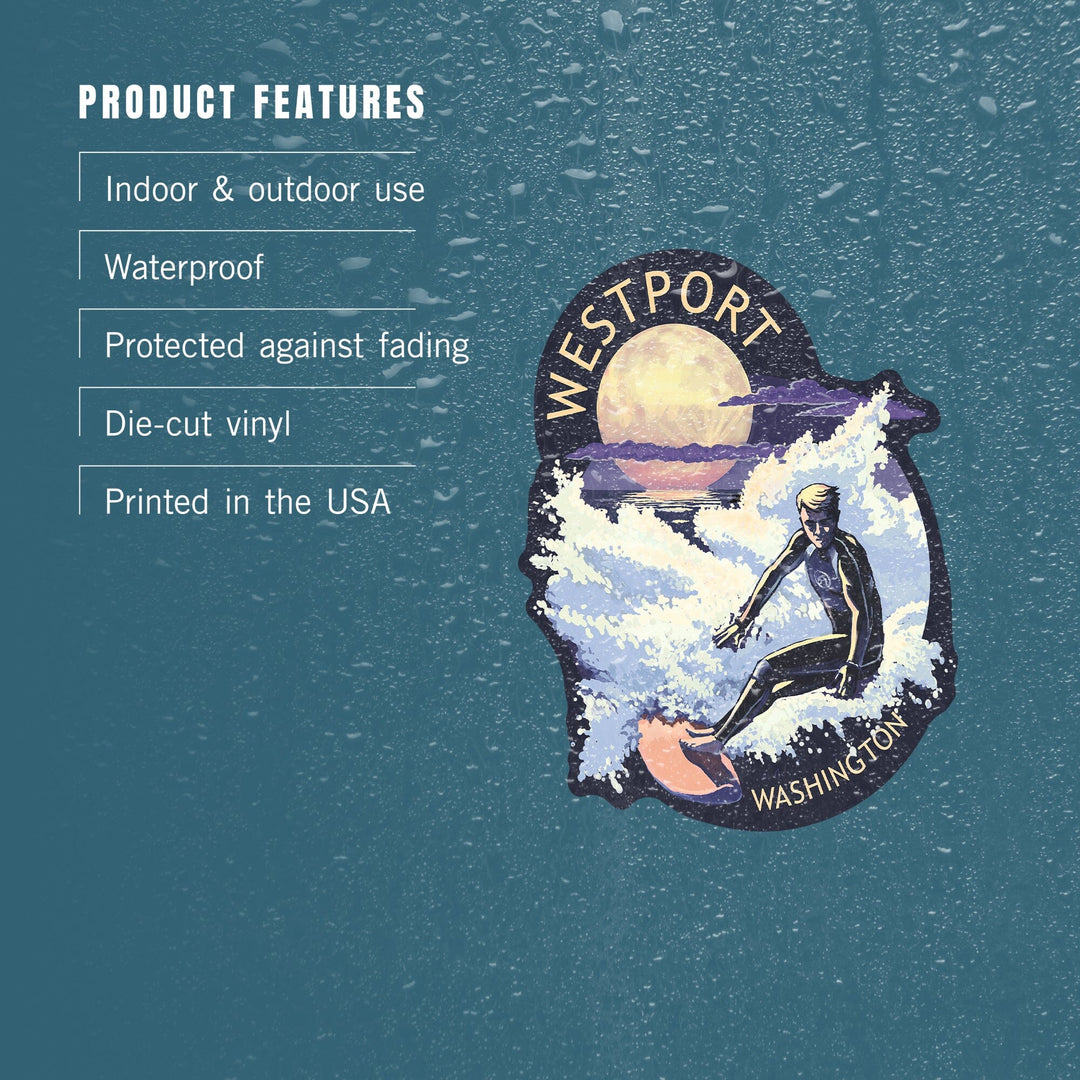 Westport, Washington, Night Surfer, Contour, Lantern Press Artwork, Vinyl Sticker Sticker Lantern Press