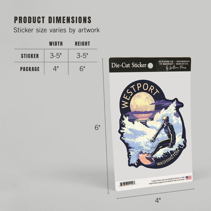 Westport, Washington, Night Surfer, Contour, Lantern Press Artwork, Vinyl Sticker Sticker Lantern Press