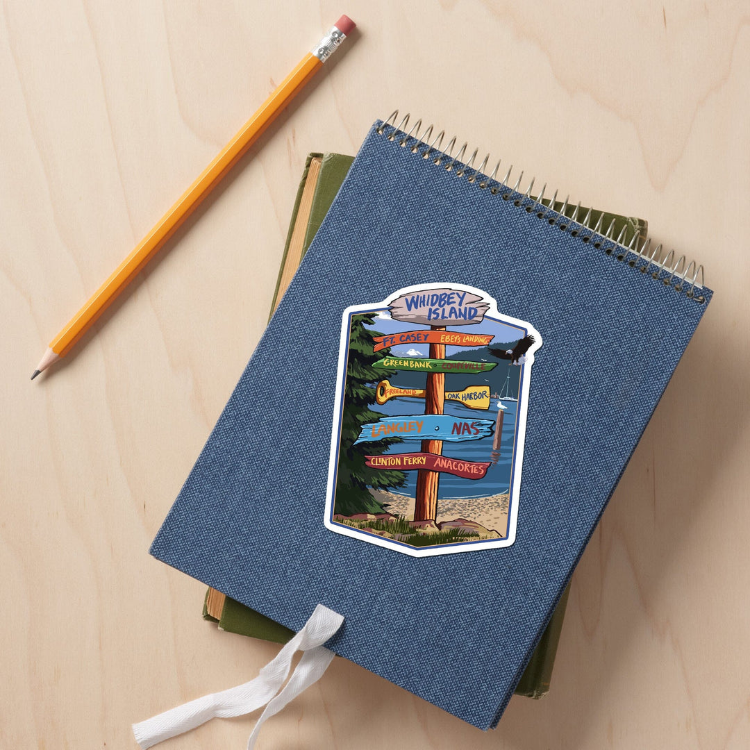 Whidbey Island, Washington, Destination Signpost, Contour, Lantern Press Artwork, Vinyl Sticker Sticker Lantern Press