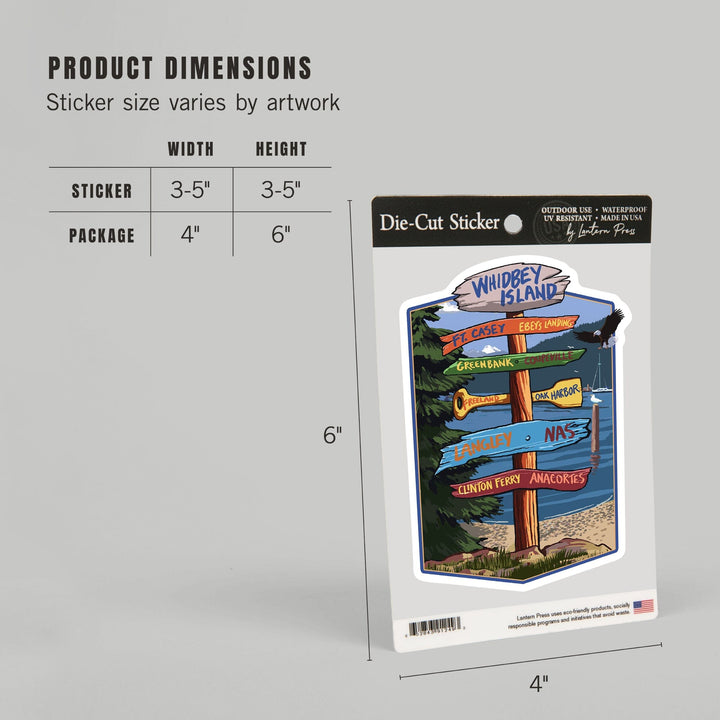 Whidbey Island, Washington, Destination Signpost, Contour, Lantern Press Artwork, Vinyl Sticker Sticker Lantern Press