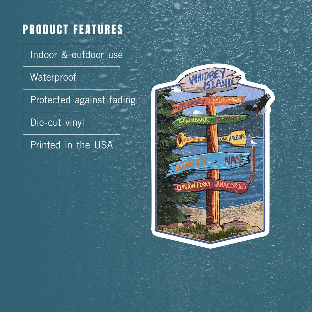 Whidbey Island, Washington, Destination Signpost, Contour, Lantern Press Artwork, Vinyl Sticker Sticker Lantern Press