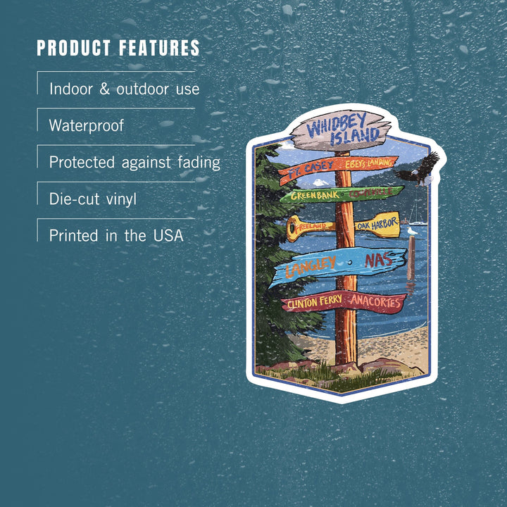 Whidbey Island, Washington, Destination Signpost, Contour, Lantern Press Artwork, Vinyl Sticker Sticker Lantern Press