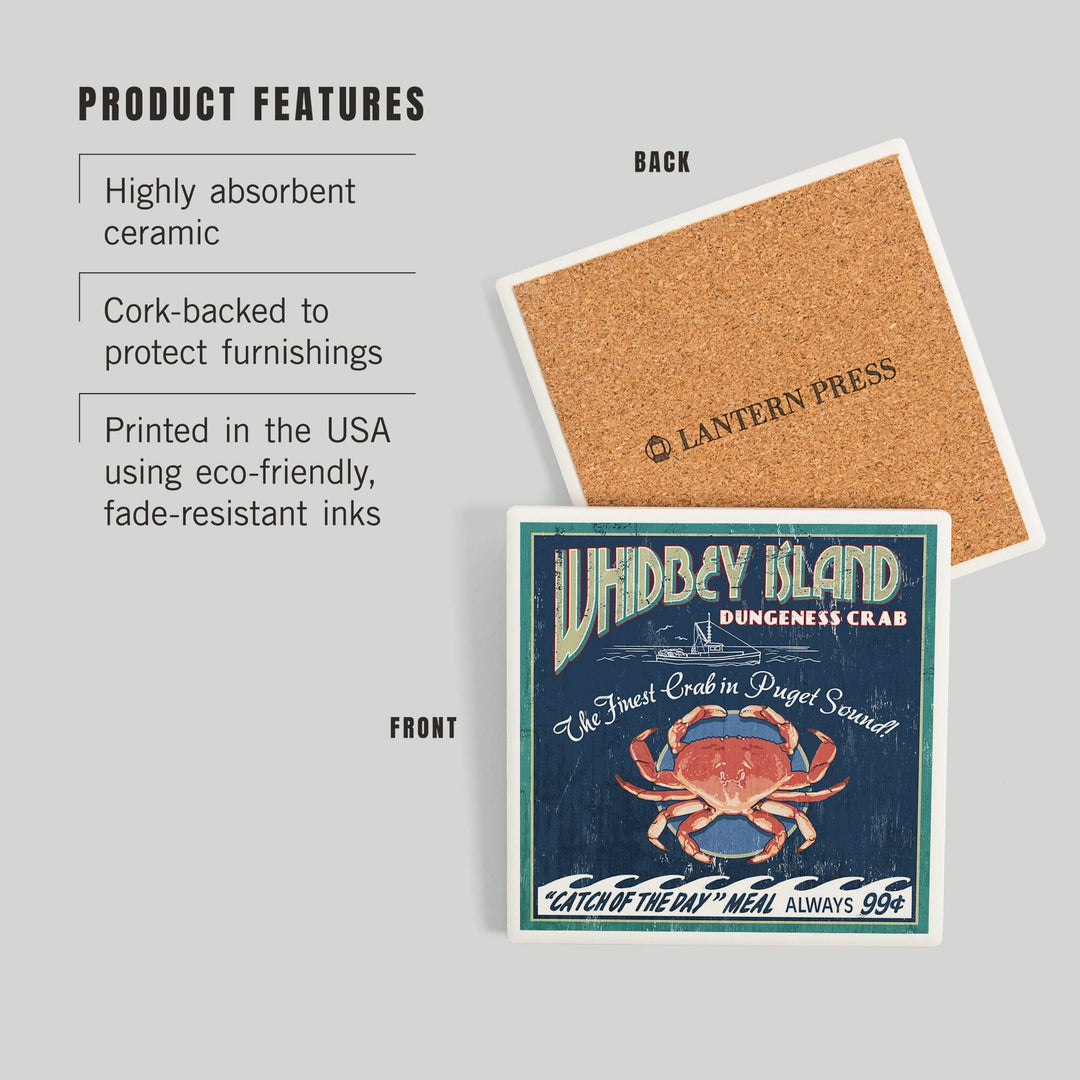 Whidbey Island, Washington, Dungeness Crab Vintage Sign, Coasters Coasters Lantern Press