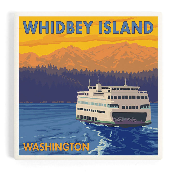 Whidbey Island, Washington, Ferry and Mountains, Coasters Coasters Lantern Press