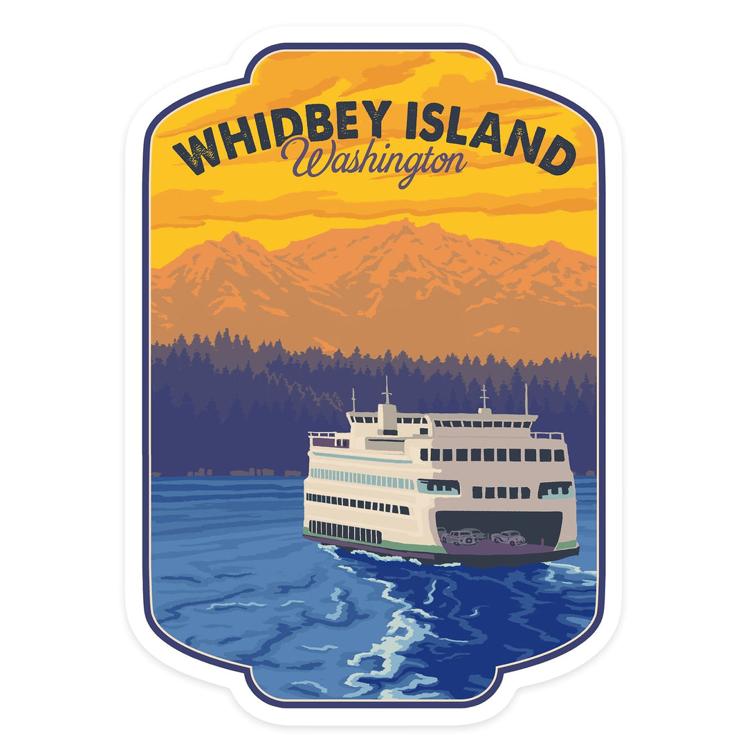 Whidbey Island, Washington, Ferry & Mountains, Contour, Lantern Press Artwork, Vinyl Sticker Sticker Lantern Press