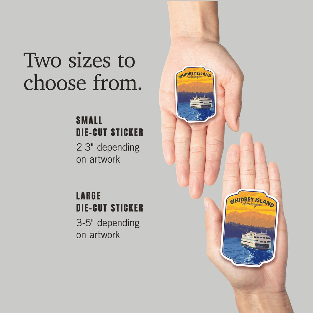 Whidbey Island, Washington, Ferry & Mountains, Contour, Lantern Press Artwork, Vinyl Sticker Sticker Lantern Press