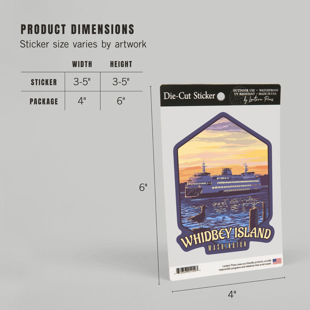 Whidbey Island, Washington, Ferry Sunset & Gull, Contour, Lantern Press Artwork, Vinyl Sticker Sticker Lantern Press