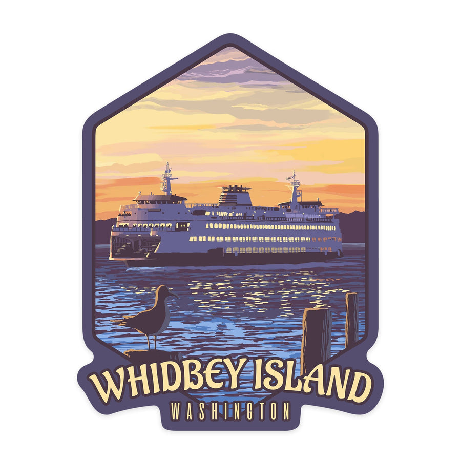 Whidbey Island, Washington, Ferry Sunset & Gull, Contour, Lantern Press Artwork, Vinyl Sticker Sticker Lantern Press