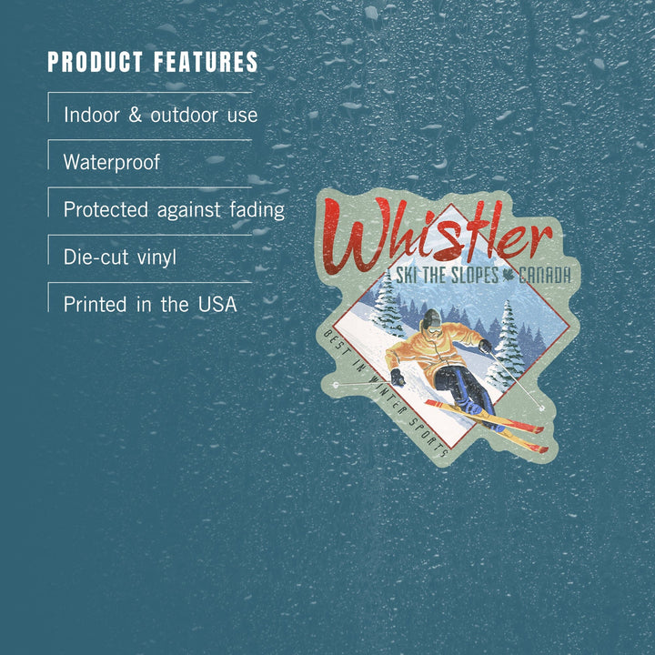 Whistler, British Columbia, Canada, Ski The Slopes, Downhill Snow Skier, Contour, Vinyl Sticker Sticker Lantern Press