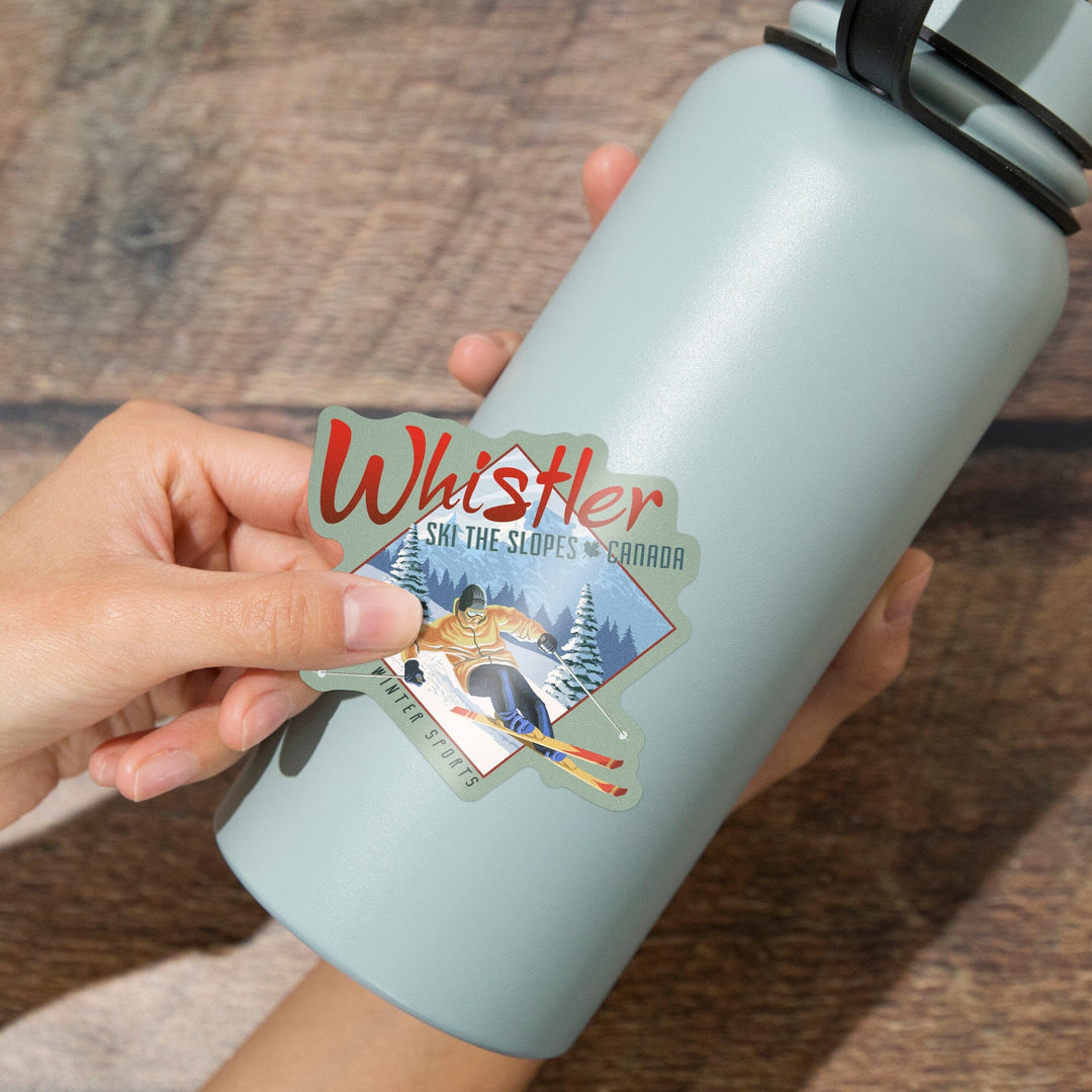 Whistler, British Columbia, Canada, Ski The Slopes, Downhill Snow Skier, Contour, Vinyl Sticker Sticker Lantern Press