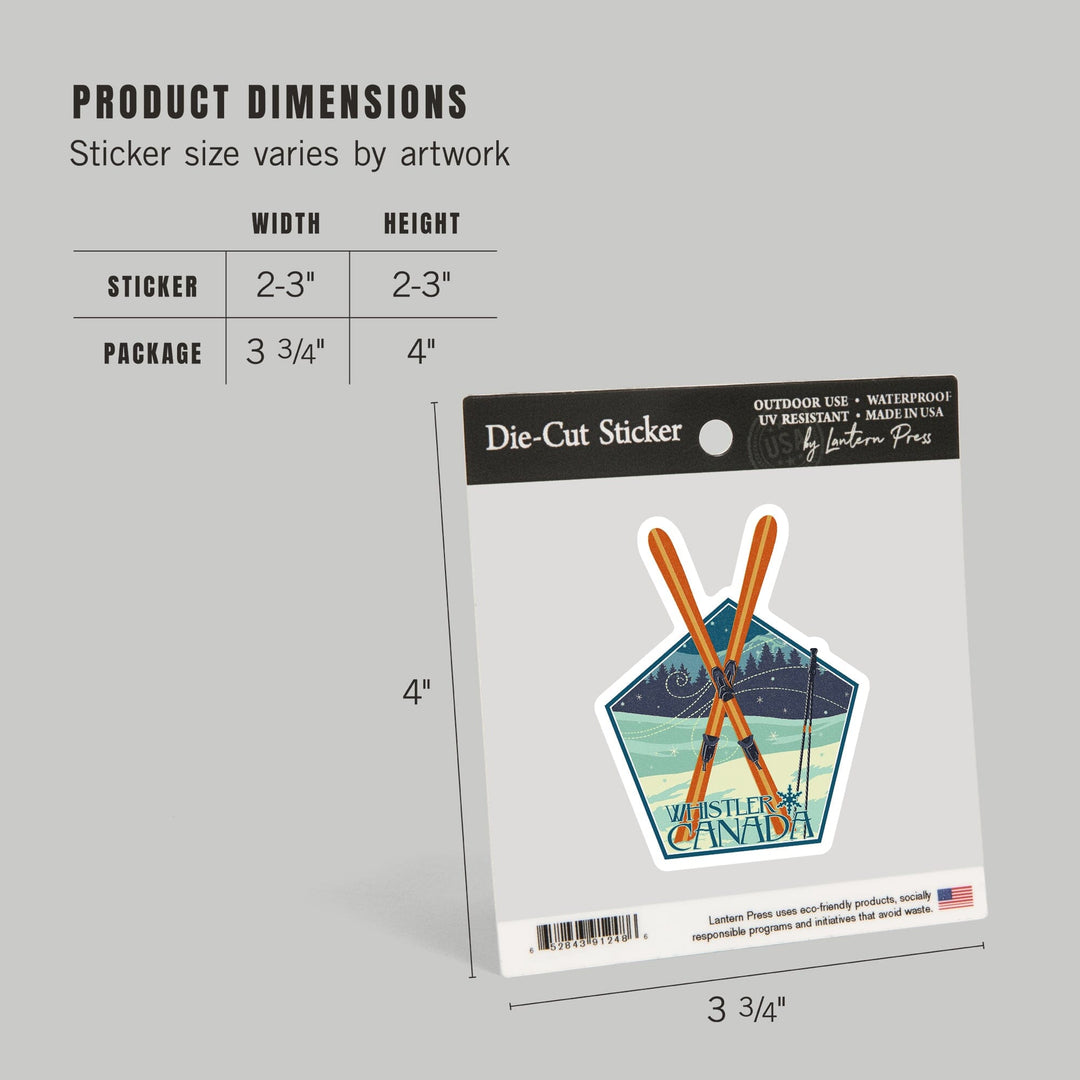 Whistler, Canada, Crossed Skis, Letterpress, Contour, Vinyl Sticker Sticker Lantern Press