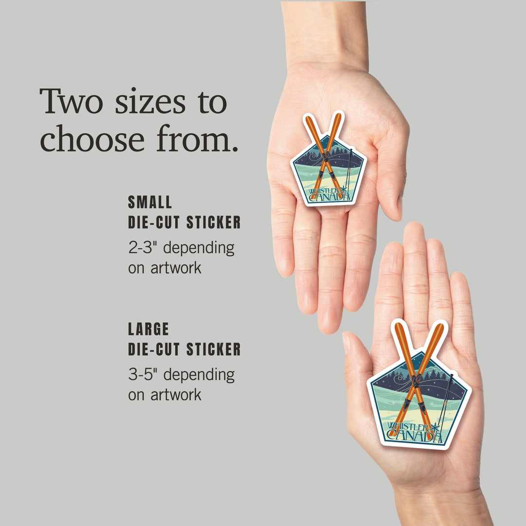 Whistler, Canada, Crossed Skis, Letterpress, Contour, Vinyl Sticker Sticker Lantern Press