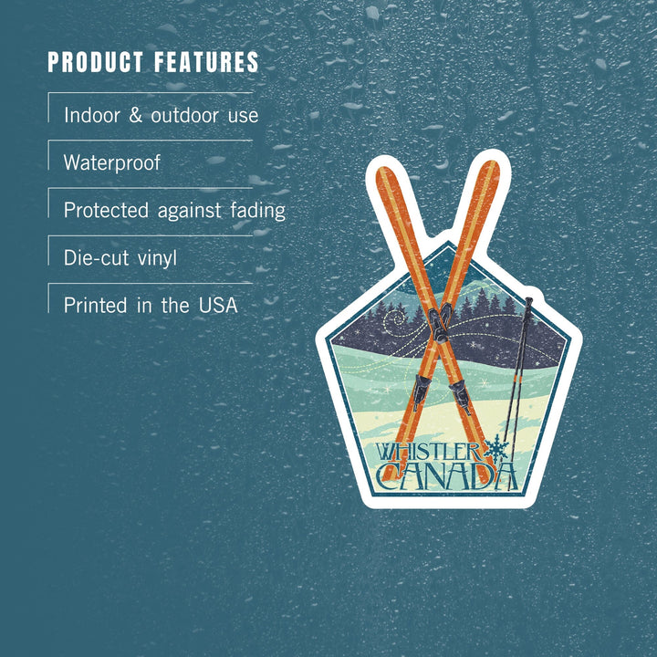 Whistler, Canada, Crossed Skis, Letterpress, Contour, Vinyl Sticker Sticker Lantern Press