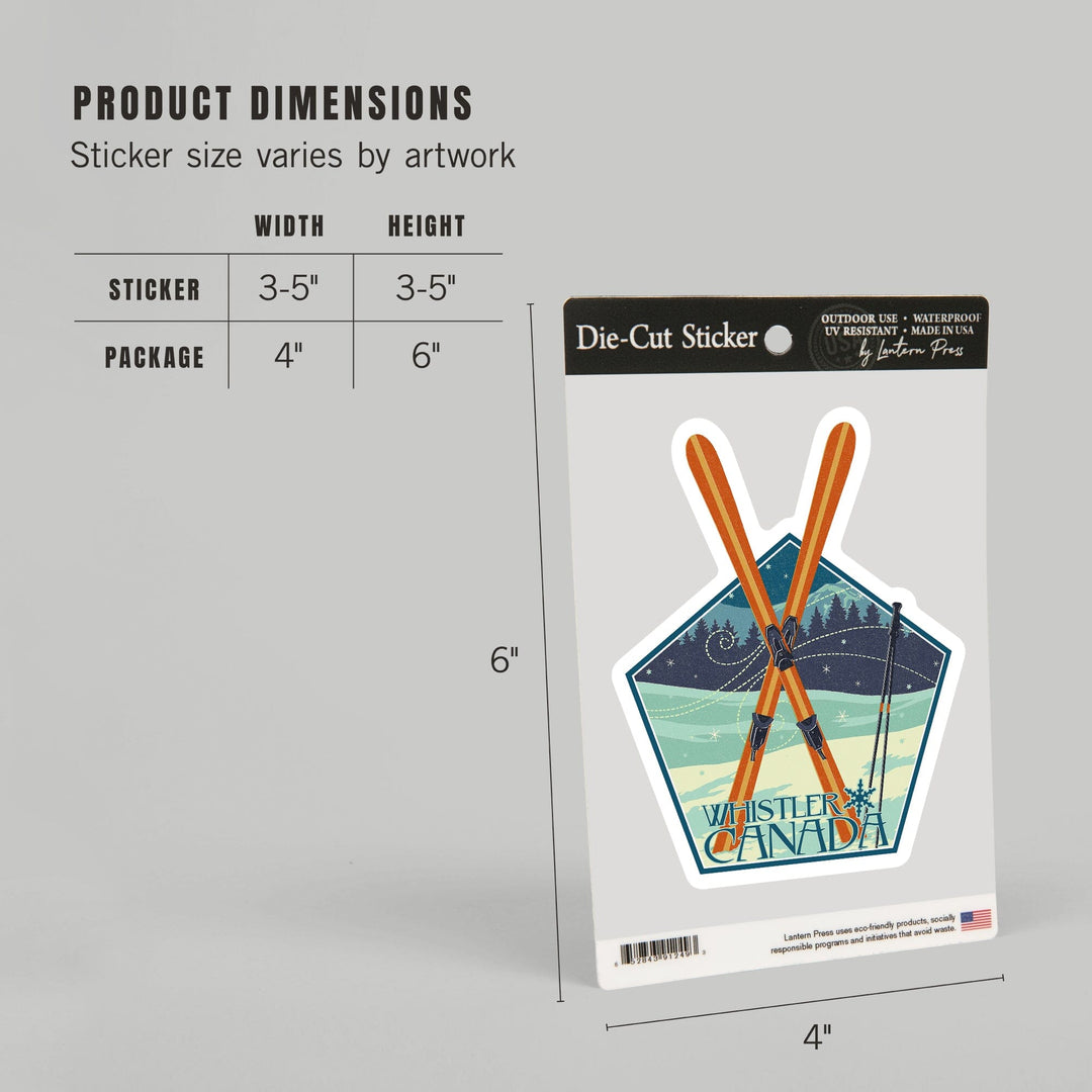 Whistler, Canada, Crossed Skis, Letterpress, Contour, Vinyl Sticker Sticker Lantern Press
