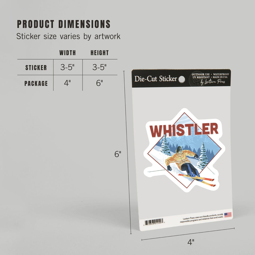 Whistler, Canada, Downhill Snow Skier, Contour, Vinyl Sticker Sticker Lantern Press