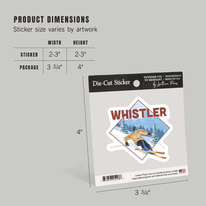 Whistler, Canada, Downhill Snow Skier, Contour, Vinyl Sticker Sticker Lantern Press