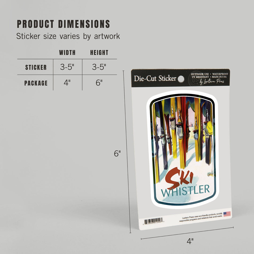 Whistler, Canada, Ski, Colorful Skis, Contour, Vinyl Sticker Sticker Lantern Press