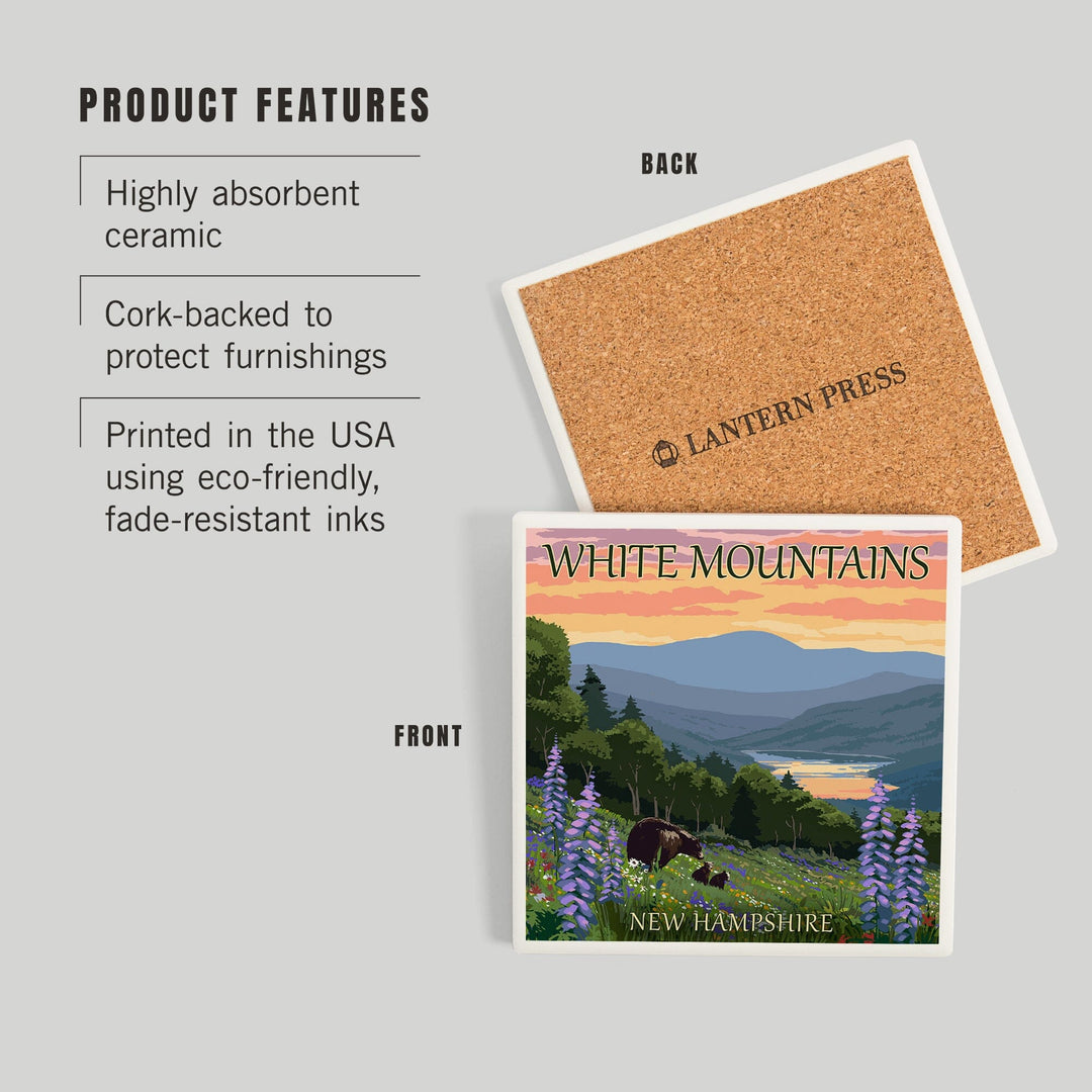 White Mountains, New Hampshire, Bear and Cubs with Flowers, Coasters Coasters Lantern Press