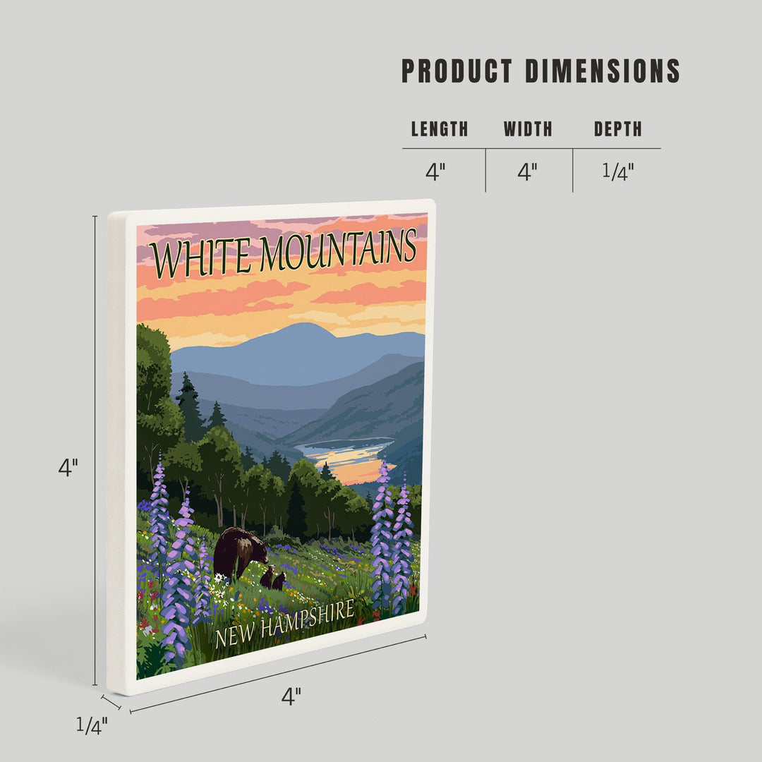 White Mountains, New Hampshire, Bear and Cubs with Flowers, Coasters Coasters Lantern Press
