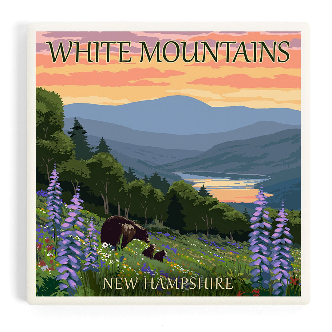 White Mountains, New Hampshire, Bear and Cubs with Flowers, Coasters Coasters Lantern Press Coaster