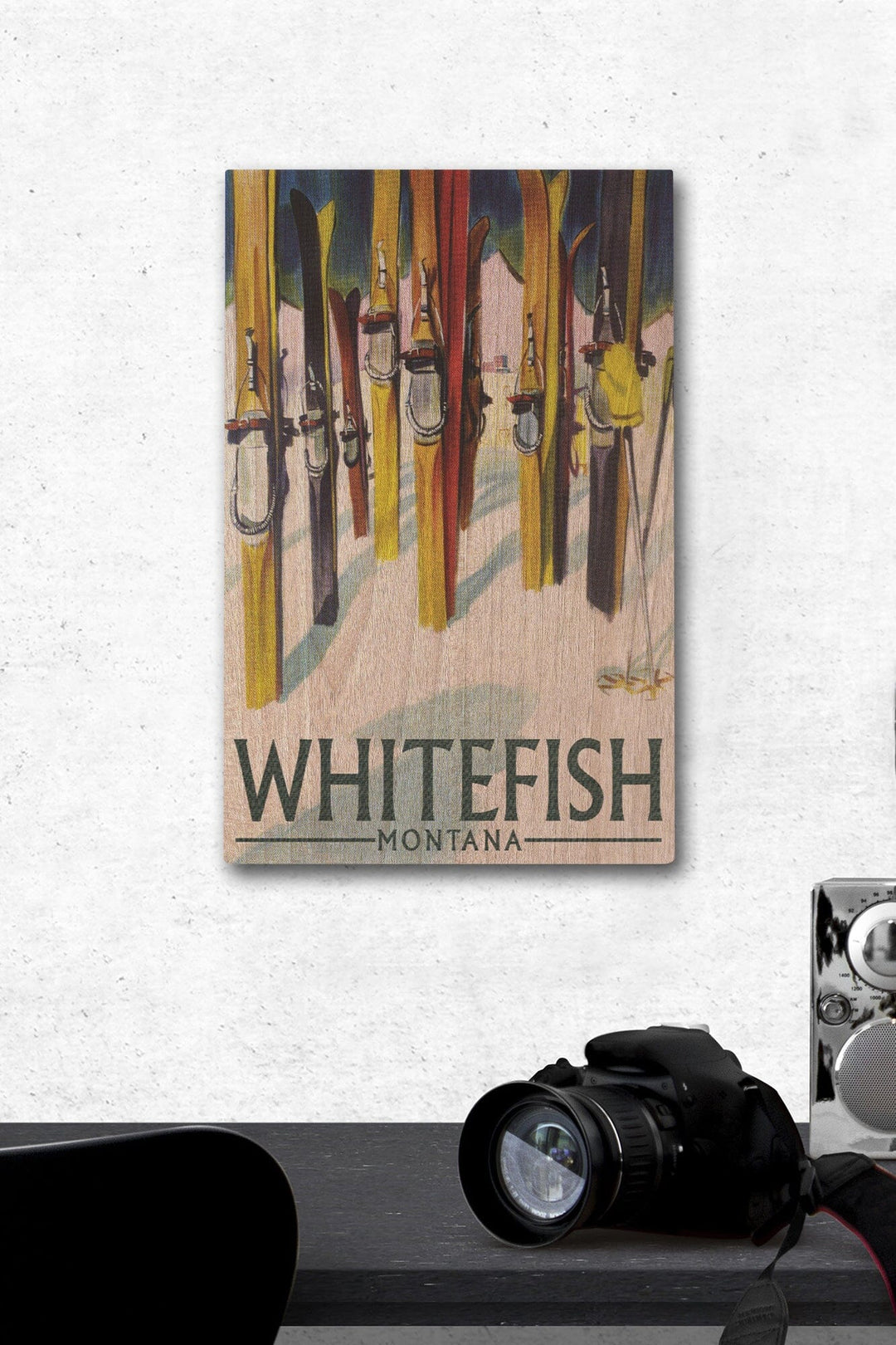 Whitefish, Montana, Colorful Skis, Lantern Press Artwork, Wood Signs and Postcards Wood Lantern Press 12 x 18 Wood Gallery Print