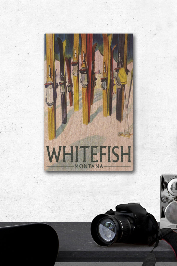 Whitefish, Montana, Colorful Skis, Lantern Press Artwork, Wood Signs and Postcards Wood Lantern Press 12 x 18 Wood Gallery Print