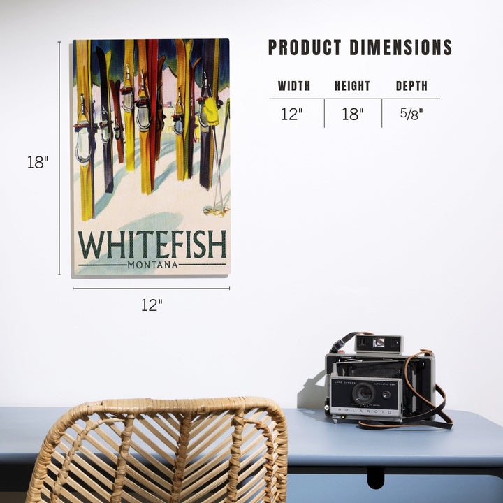 Whitefish, Montana, Colorful Skis, Lantern Press Artwork, Wood Signs and Postcards Wood Lantern Press
