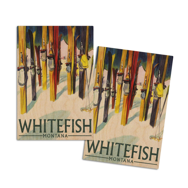 Whitefish, Montana, Colorful Skis, Lantern Press Artwork, Wood Signs and Postcards Wood Lantern Press 4x6 Wood Postcard Set