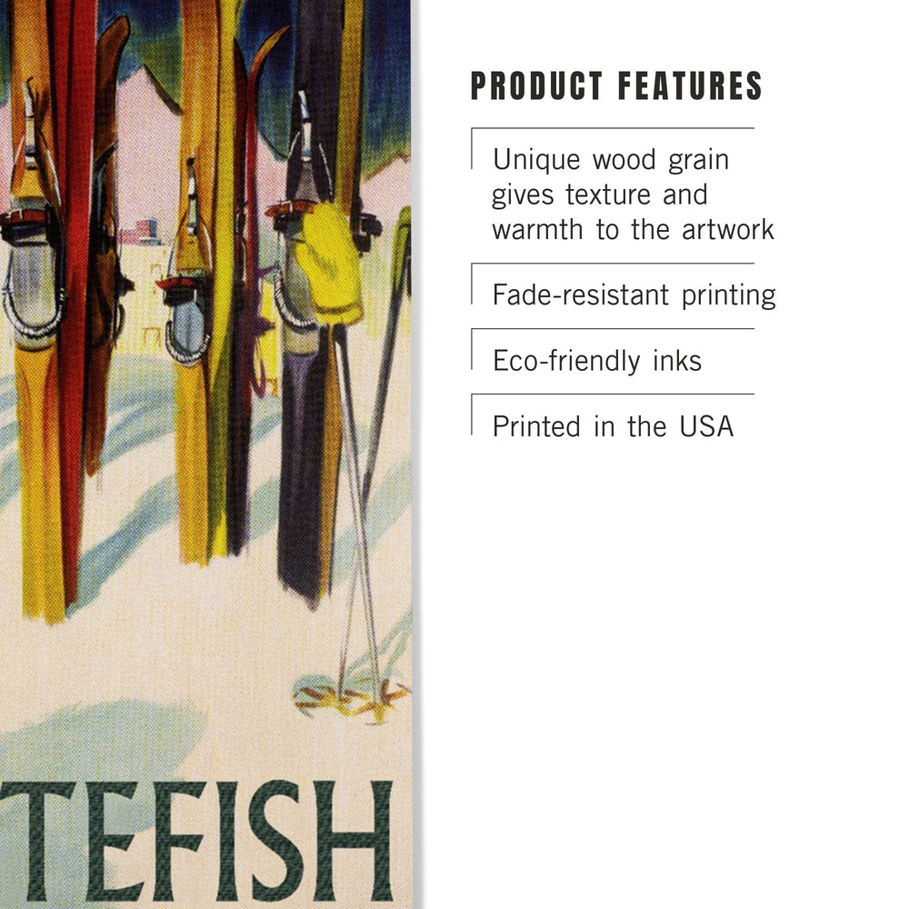 Whitefish, Montana, Colorful Skis, Lantern Press Artwork, Wood Signs and Postcards Wood Lantern Press