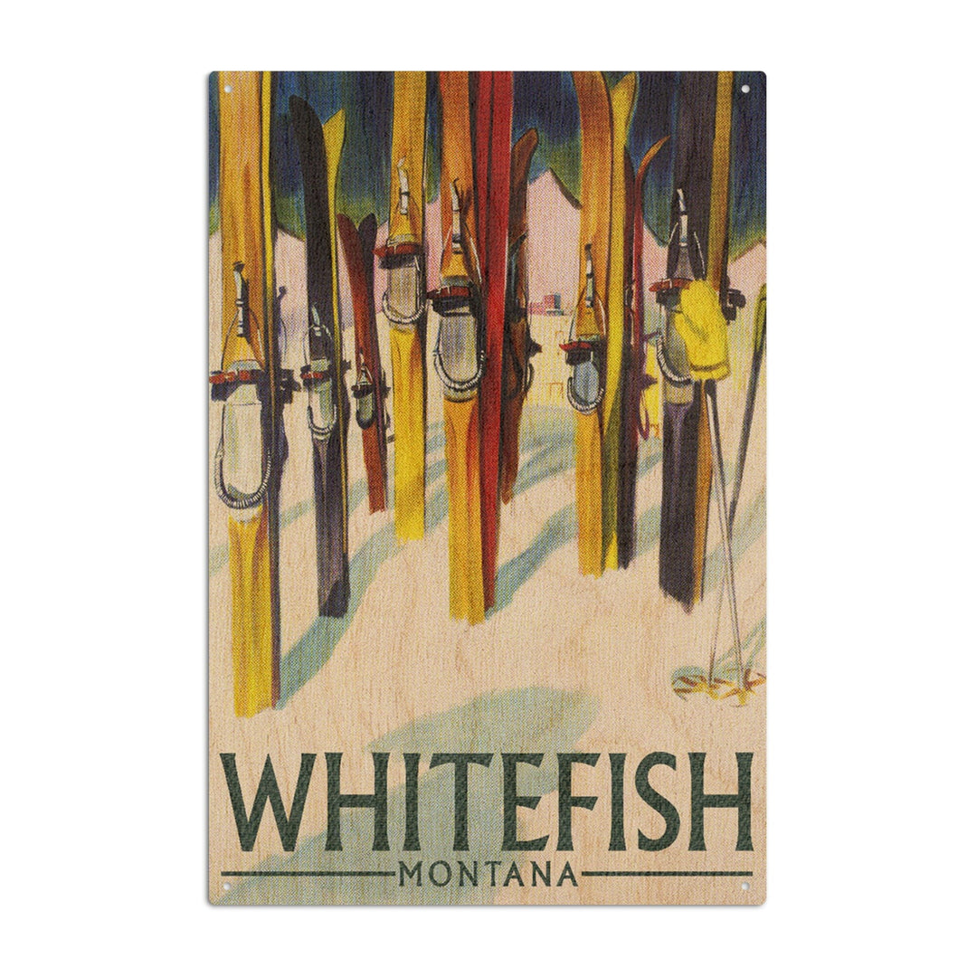 Whitefish, Montana, Colorful Skis, Lantern Press Artwork, Wood Signs and Postcards Wood Lantern Press 6x9 Wood Sign