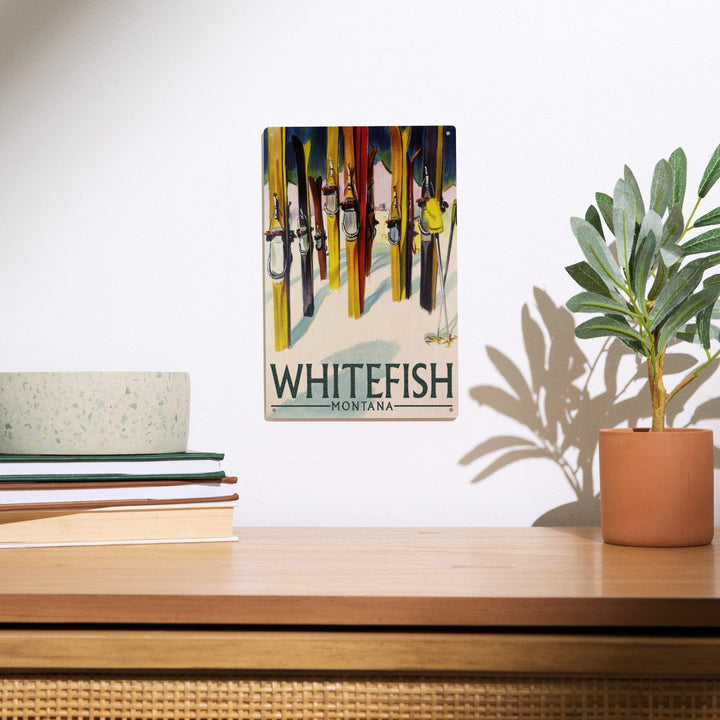 Whitefish, Montana, Colorful Skis, Lantern Press Artwork, Wood Signs and Postcards Wood Lantern Press