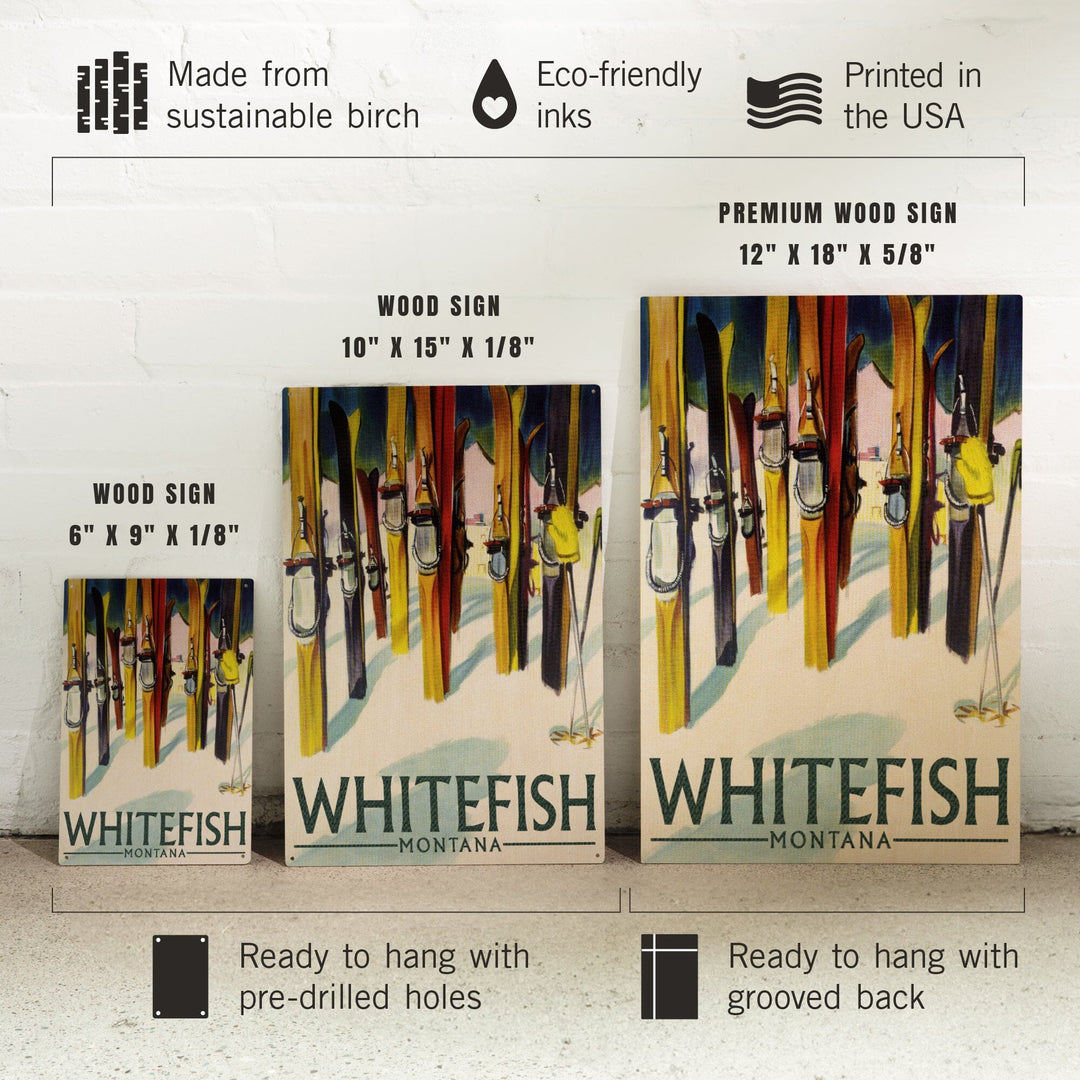Whitefish, Montana, Colorful Skis, Lantern Press Artwork, Wood Signs and Postcards Wood Lantern Press