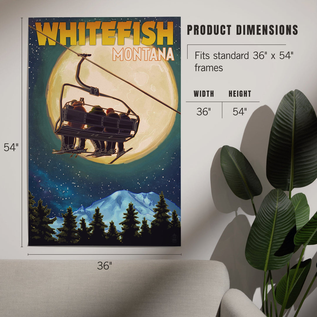 Whitefish, Montana, Ski Lift and Full Moon, Art & Giclee Prints Art Lantern Press
