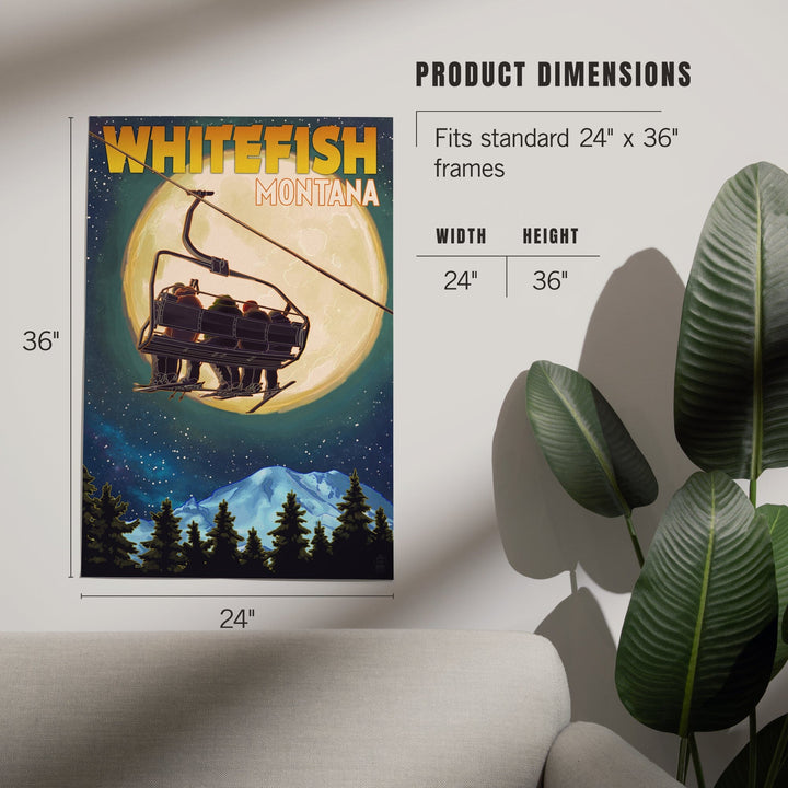 Whitefish, Montana, Ski Lift and Full Moon, Art & Giclee Prints Art Lantern Press
