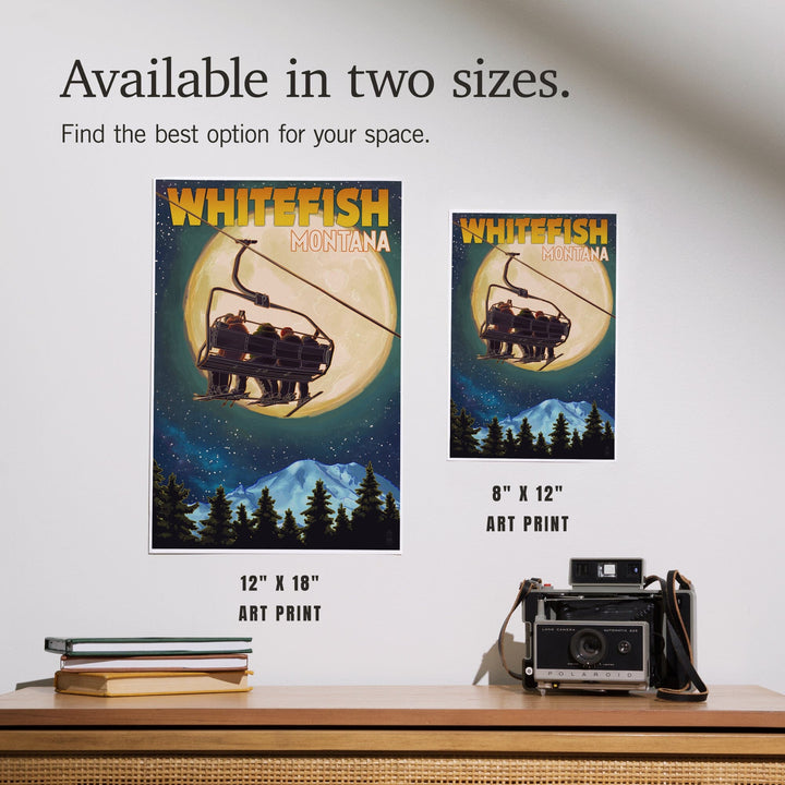 Whitefish, Montana, Ski Lift and Full Moon, Art & Giclee Prints Art Lantern Press