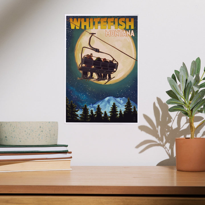 Whitefish, Montana, Ski Lift and Full Moon, Art & Giclee Prints Art Lantern Press