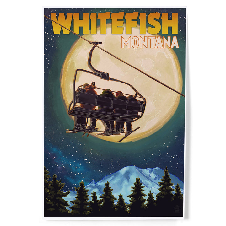 Whitefish, Montana, Ski Lift and Full Moon, Art & Giclee Prints Art Lantern Press