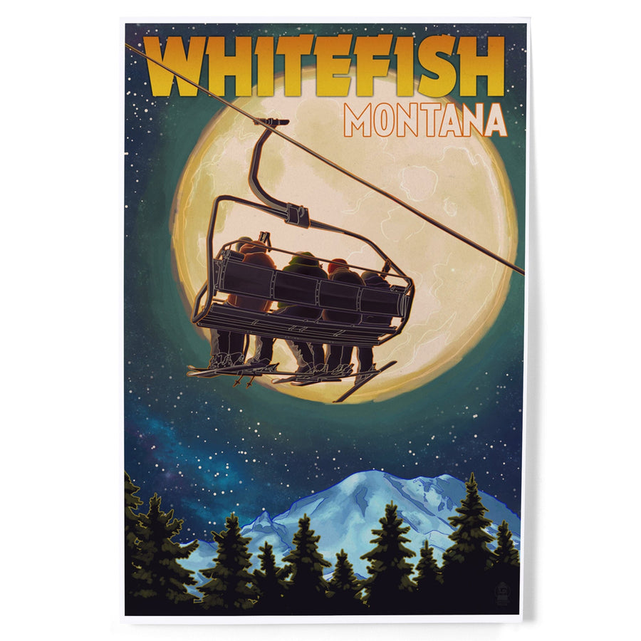 Whitefish, Montana, Ski Lift and Full Moon, Art & Giclee Prints Art Lantern Press