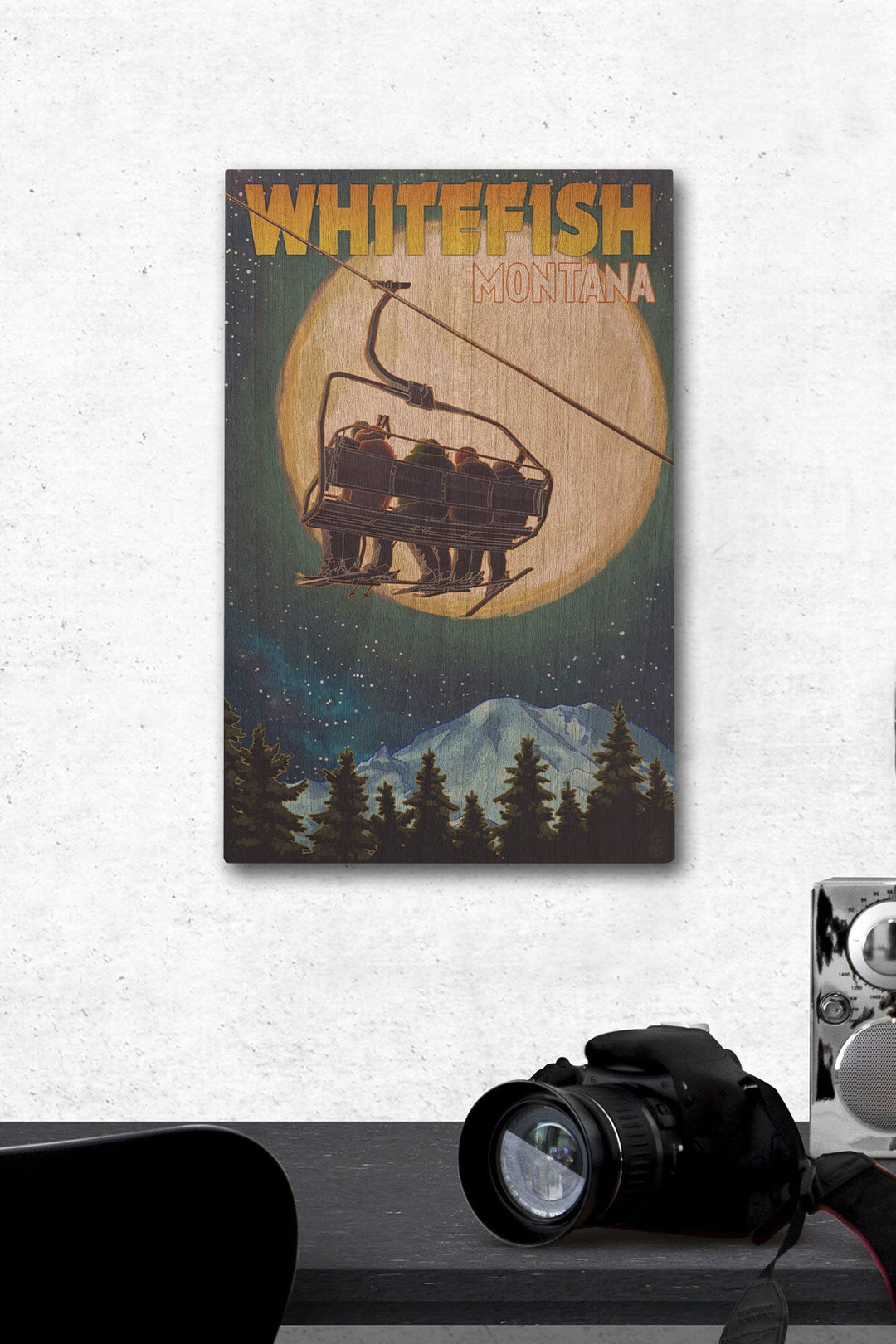 Whitefish, Montana, Ski Lift and Full Moon, Lantern Press Artwork, Wood Signs and Postcards Wood Lantern Press 12 x 18 Wood Gallery Print