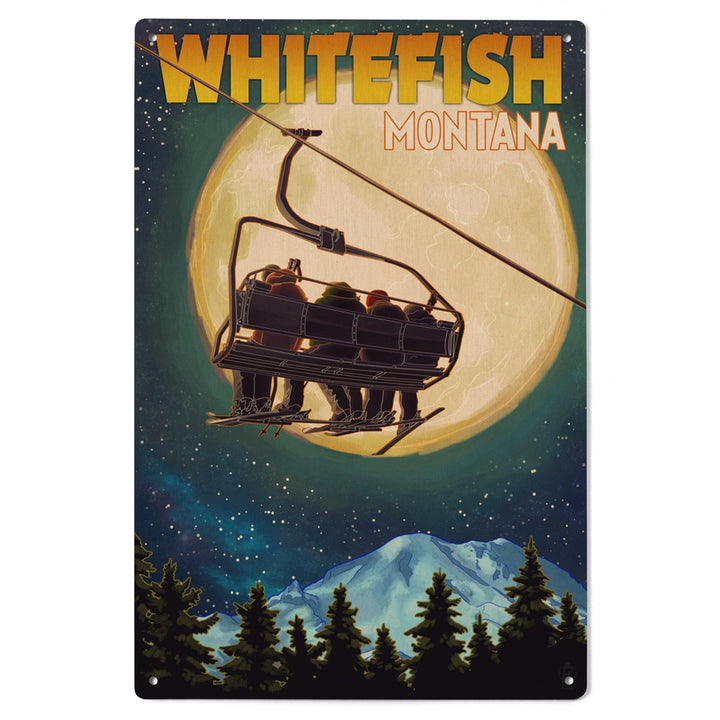 Whitefish, Montana, Ski Lift and Full Moon, Lantern Press Artwork, Wood Signs and Postcards Wood Lantern Press