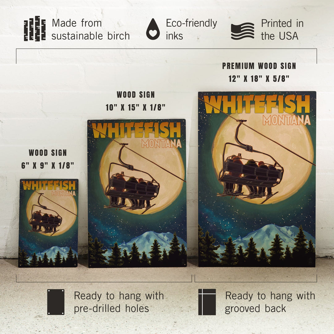 Whitefish, Montana, Ski Lift and Full Moon, Lantern Press Artwork, Wood Signs and Postcards Wood Lantern Press
