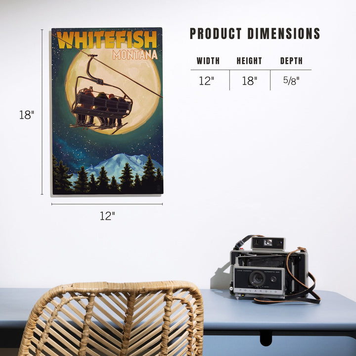 Whitefish, Montana, Ski Lift and Full Moon, Lantern Press Artwork, Wood Signs and Postcards Wood Lantern Press