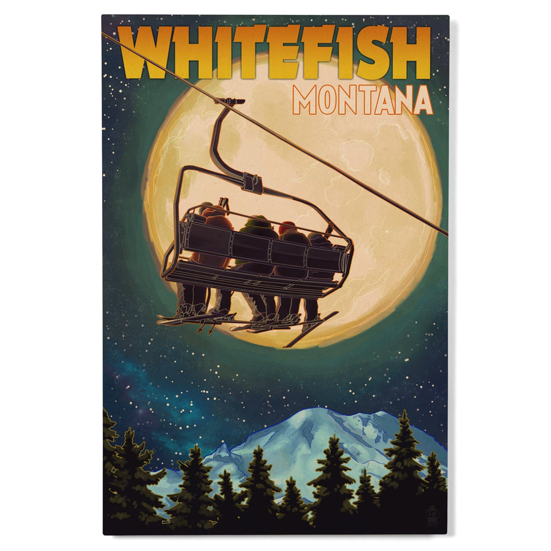 Whitefish, Montana, Ski Lift and Full Moon, Lantern Press Artwork, Wood Signs and Postcards Wood Lantern Press
