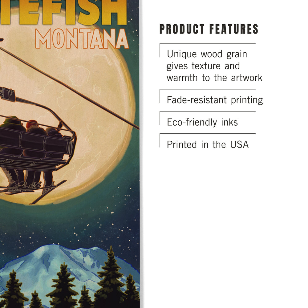 Whitefish, Montana, Ski Lift and Full Moon, Lantern Press Artwork, Wood Signs and Postcards Wood Lantern Press