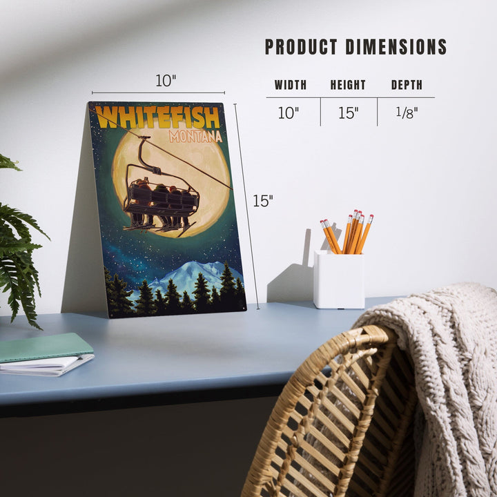 Whitefish, Montana, Ski Lift and Full Moon, Lantern Press Artwork, Wood Signs and Postcards Wood Lantern Press