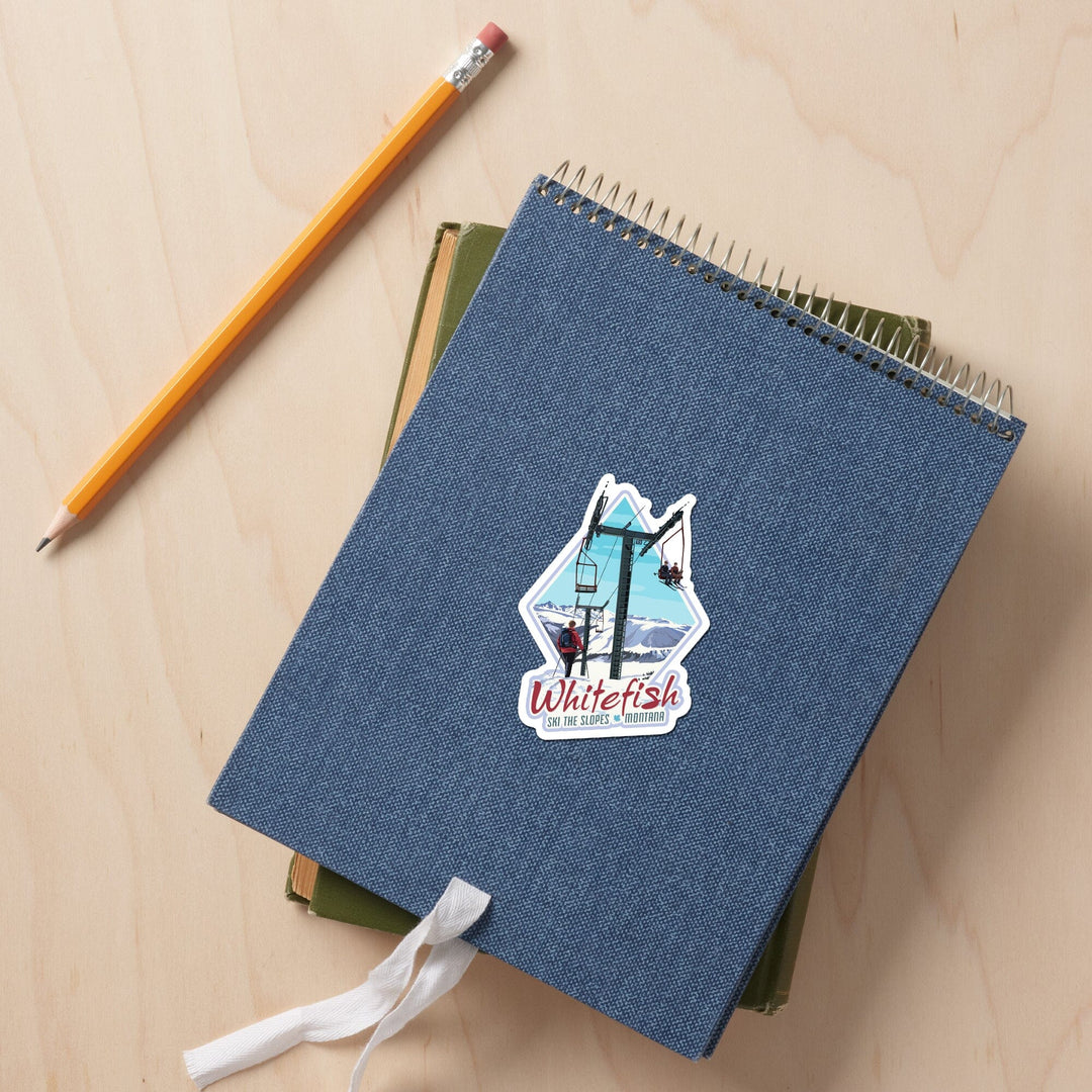 Whitefish, Montana, Ski Lift Day Scene, Contour, Vinyl Sticker Sticker Lantern Press