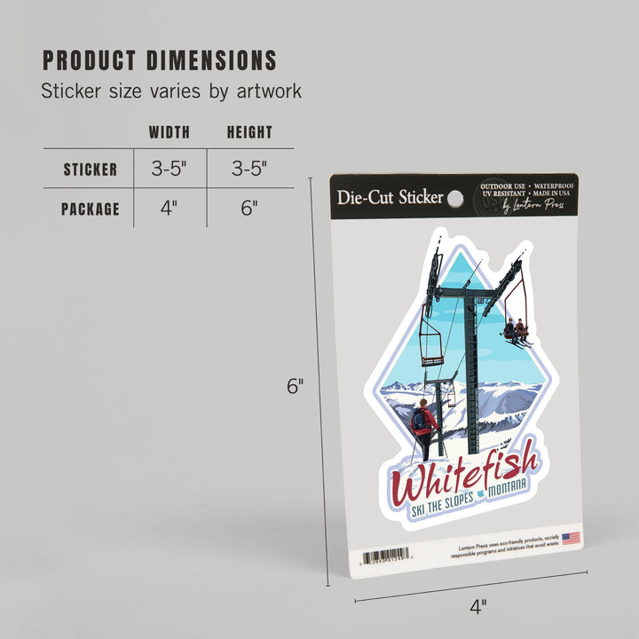 Whitefish, Montana, Ski Lift Day Scene, Contour, Vinyl Sticker Sticker Lantern Press