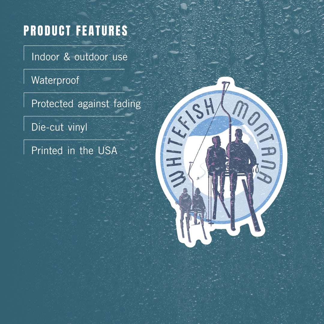 Whitefish, Montana, Skiers on Lift, Contour, Vinyl Sticker Sticker Lantern Press