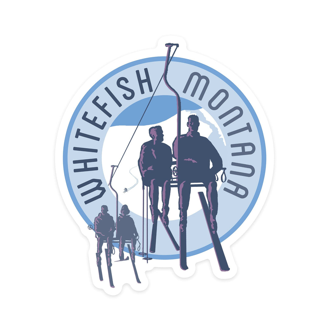 Whitefish, Montana, Skiers on Lift, Contour, Vinyl Sticker Sticker Lantern Press